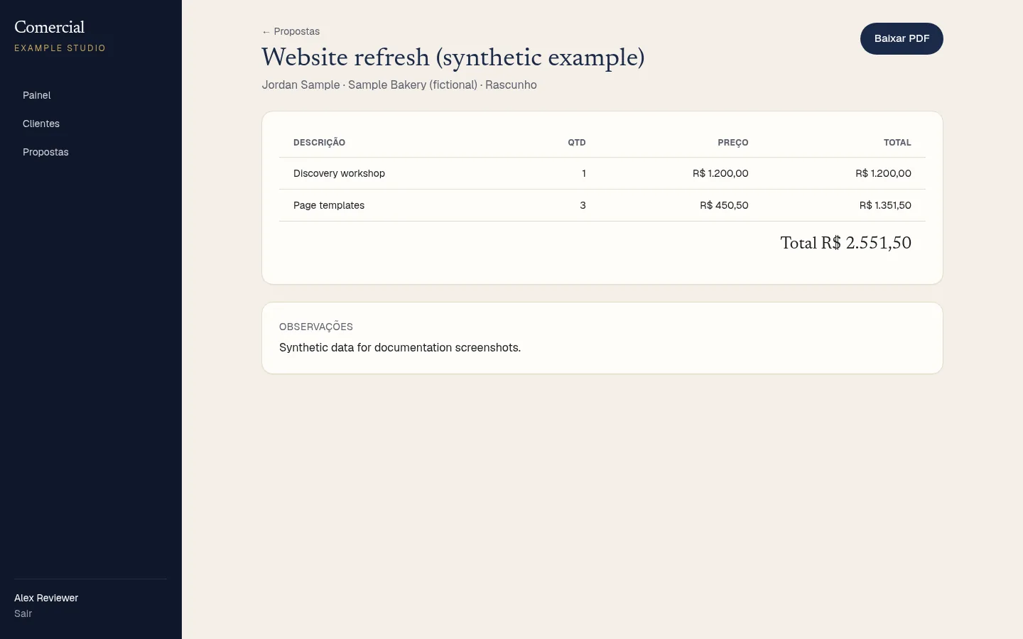 Comercial Template proposal detail at 1440px: line items, quantities, prices, total and a Download PDF button, synthetic data.