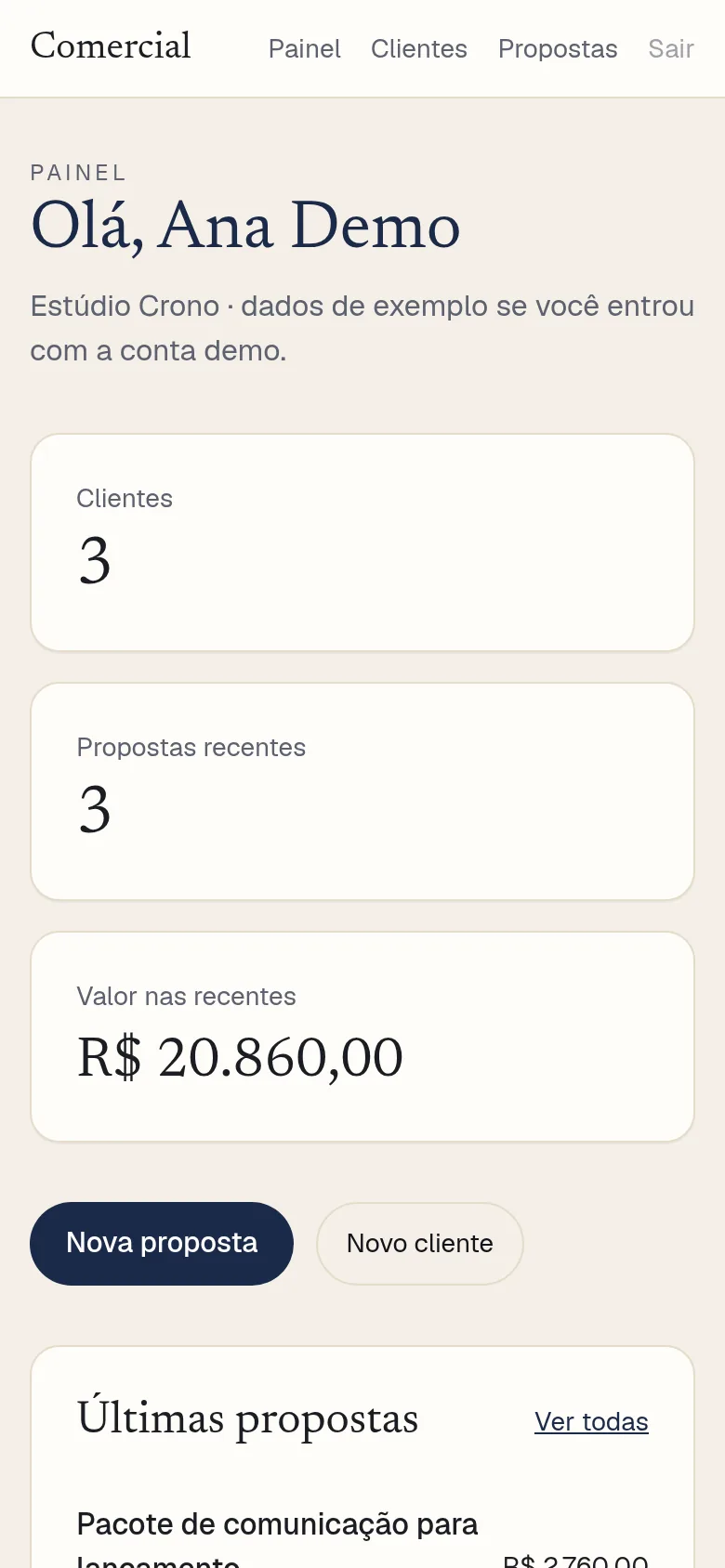 The same Comercial Template dashboard at 390px mobile width, seeded demo account with fictional data.