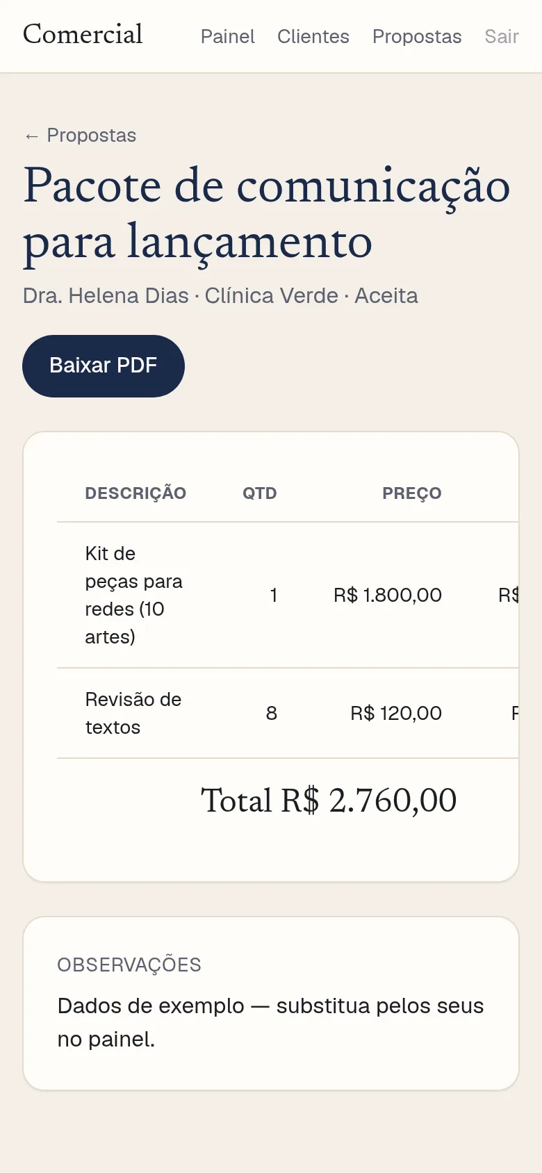 Comercial Template proposal detail at 390px mobile width, seeded fictional proposal with line items and total.