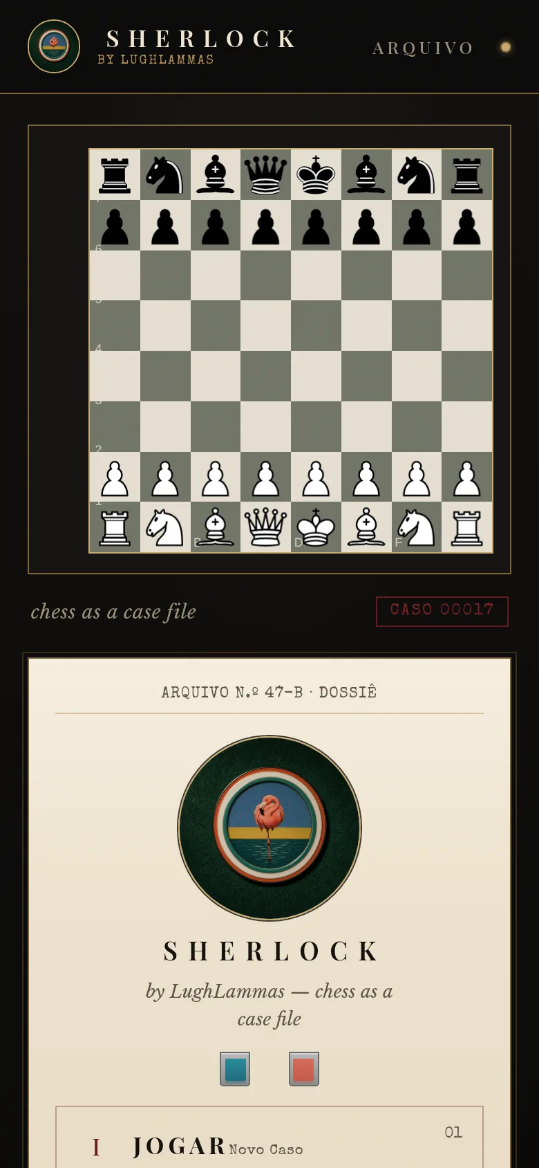 SHERLOCK hub screen at 390px mobile width: chessboard above the case-file menu.