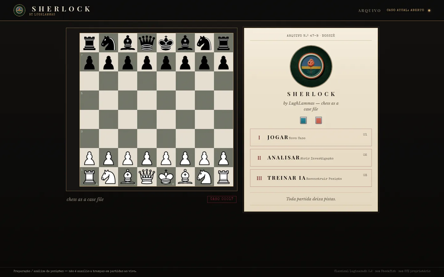 SHERLOCK hub screen at 1440px: chessboard in the starting position and a case-file menu with Play, Analyze and Train options.